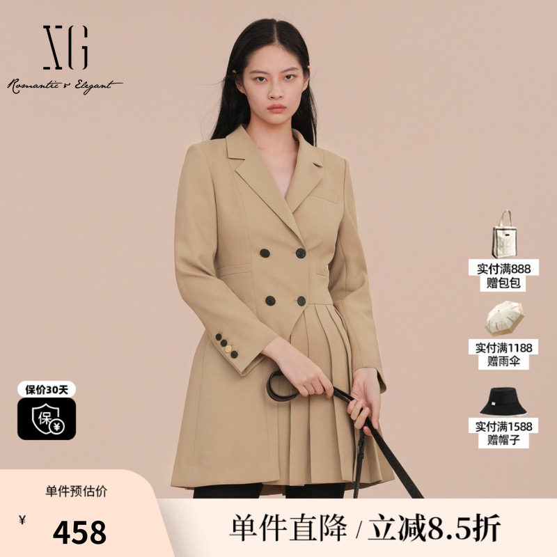 XG雪歌XK107010A173百褶拼接西装2025春季新款卡其色中长款外套女