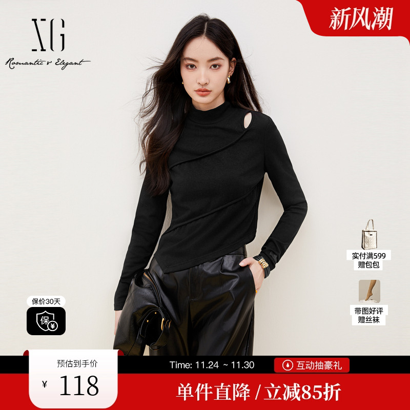 XG/雪歌XK301691A890黑色镂空长袖T恤时尚秋季新款不规则上衣女装