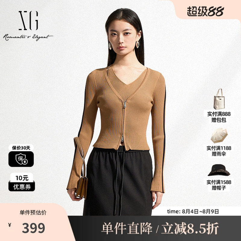 XG/雪歌XK111505A873 黑咖色假两件针织衫修身显瘦套头长袖毛衣女
