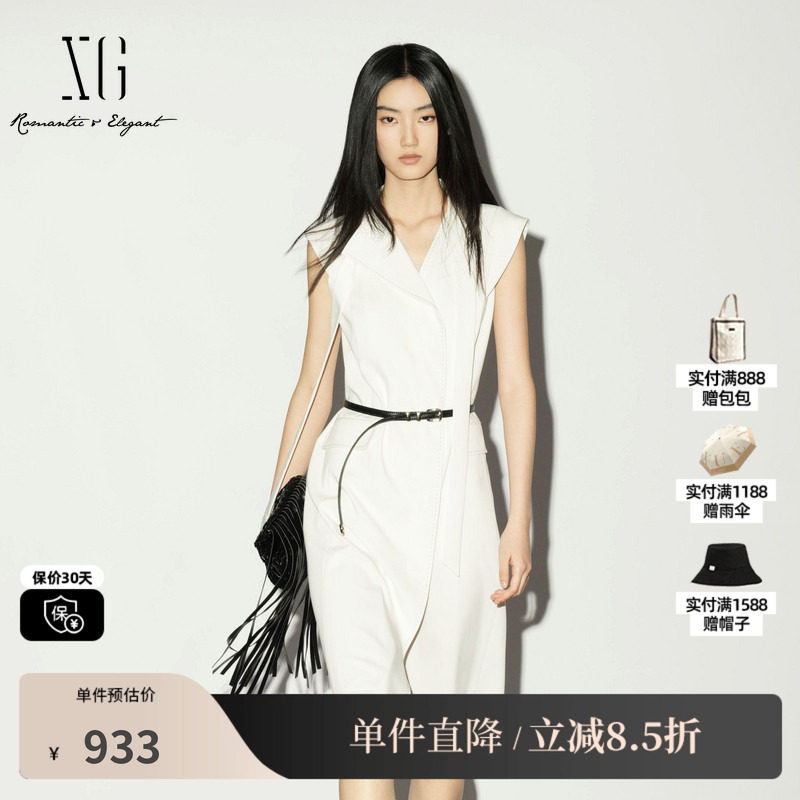 XG/雪歌XL204016A251 白色无袖V领连衣裙简约飘带A字伞裙配腰带女