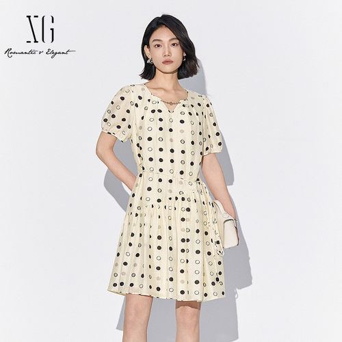 XG/雪歌XL204853B806波点莱赛尔连衣裙2025夏季新款短袖A字裙女装