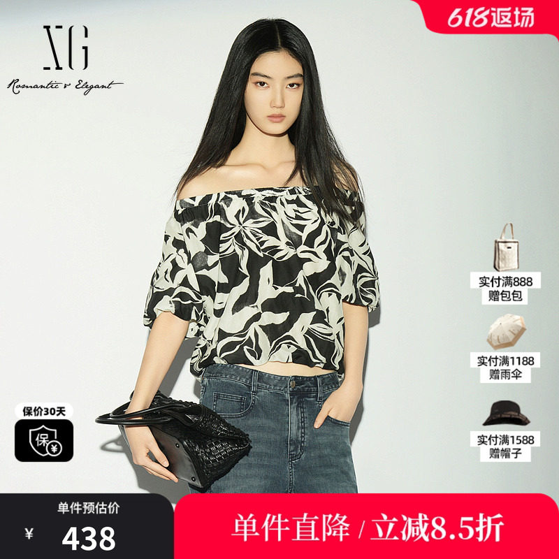 XG/雪歌 XL221041B293黑白花版棉感一字领短袖衬衫松紧度假上衣女