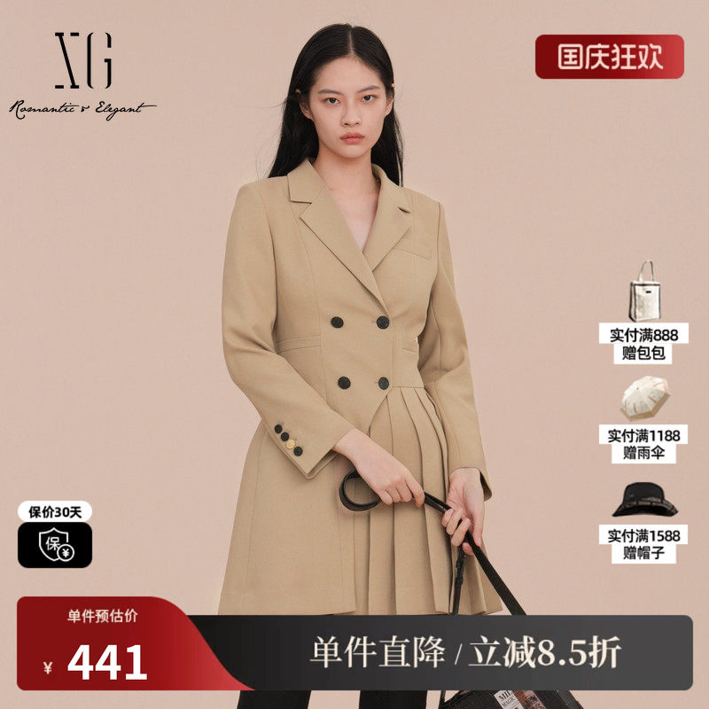 XG雪歌XK107010A173百褶拼接西装2025春季新款卡其色中长款外套女