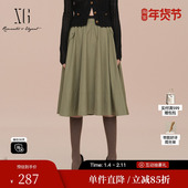 高腰A字裙女 中长款 雪歌XK103003A543军绿色半身裙2025春季 新款