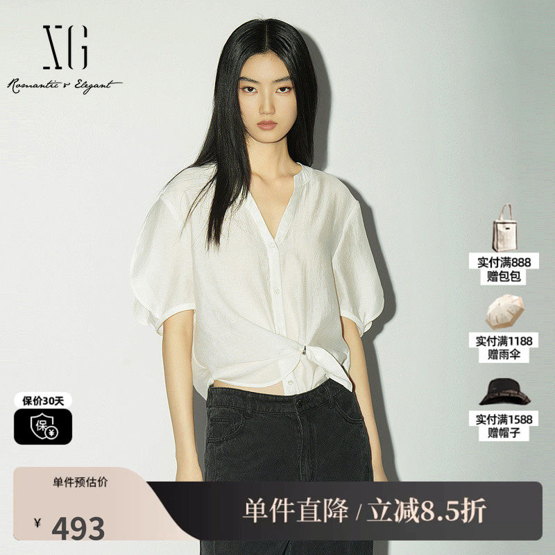 XG/雪歌XL221024A251白色短袖V领衬衫直筒灯笼袖莱赛尔扭结上衣女