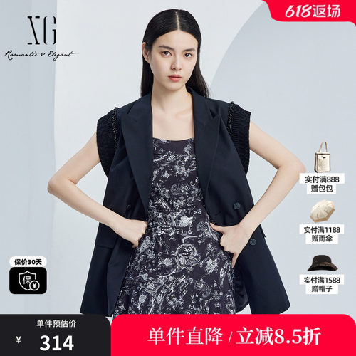 XG雪歌XJ324003A290黑色通勤马夹2025秋季新款长款西装马甲外套女