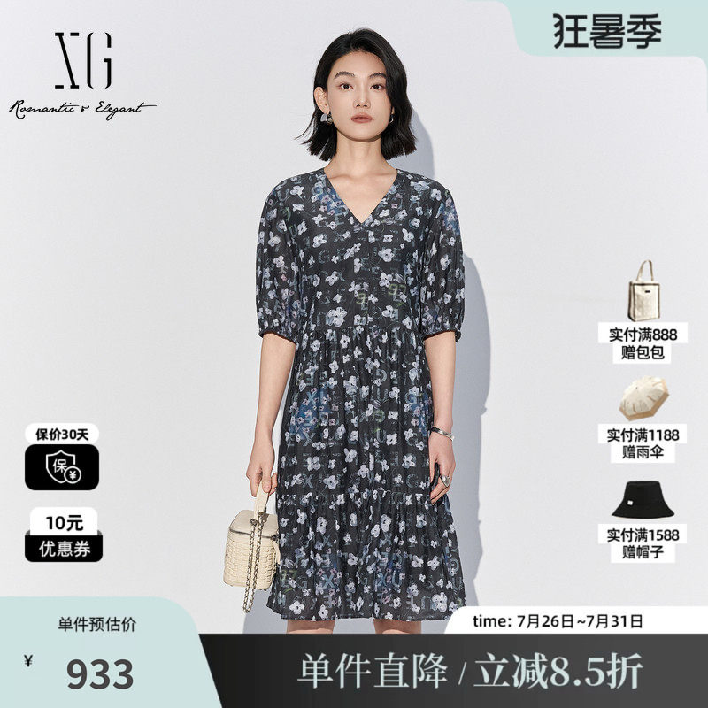 XG/雪歌XL204051BE93花版棉感短袖连衣裙V领收腰包臀鱼尾中裙女装