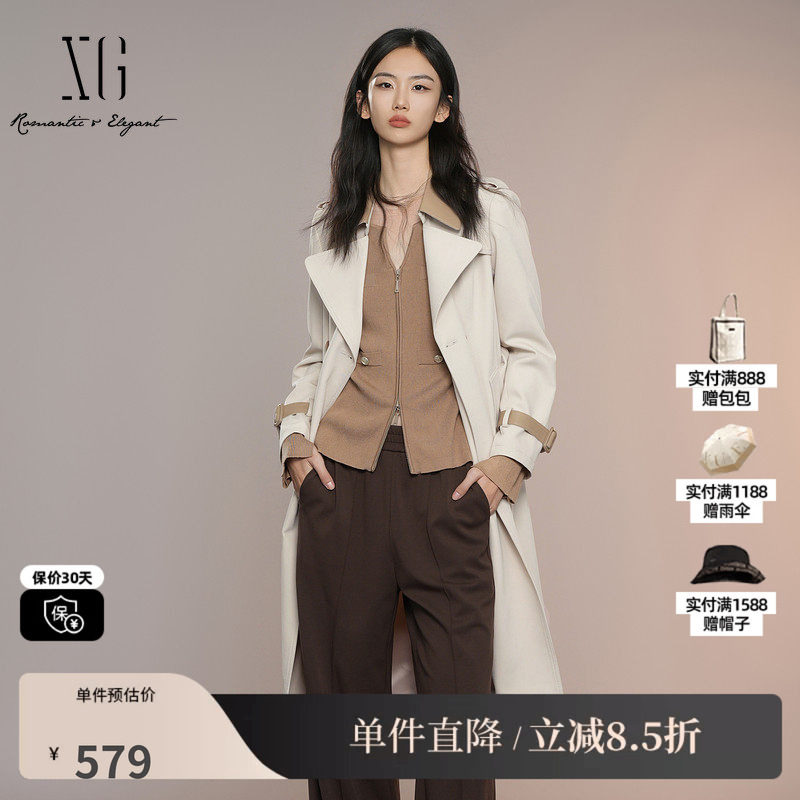 XG雪歌XK308004A460浅米色中长款风衣2025秋季新款长袖翻领外套女