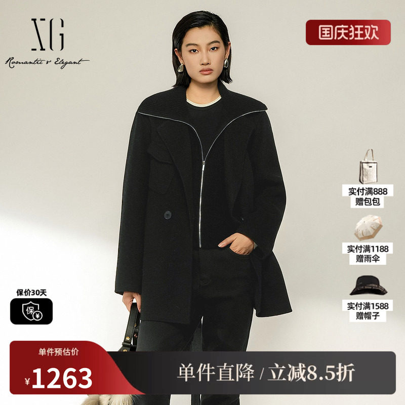 XG/雪歌 XL410021A490黑色羊毛混纺假两件翻领腰带毛呢外套大衣女