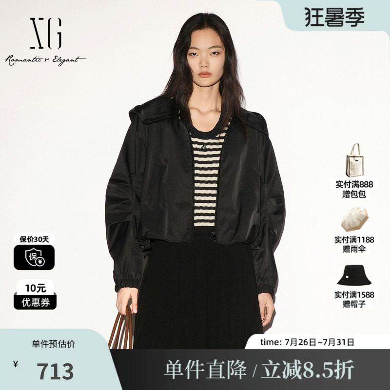 XG/雪歌 XL307005A290黑色连帽长袖短外套冲锋衣休闲运动上衣女装