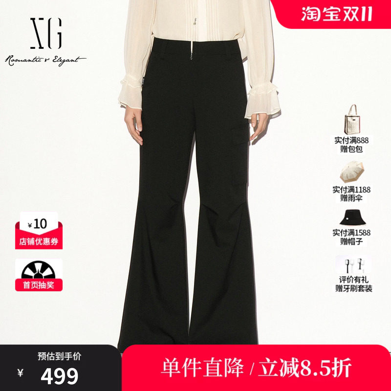 XG/雪歌 XL302020A290黑色直筒工装风微喇休闲裤通勤简约长裤女装