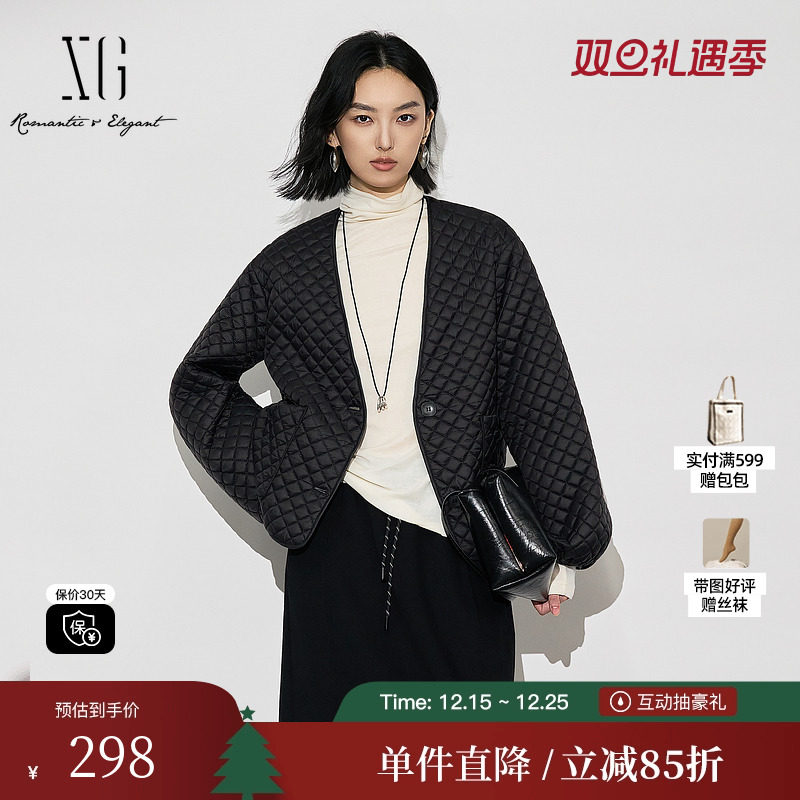 XG雪歌XK405845A890黑色菱格设计棉服时尚冬季新款宽松棉衣外套女