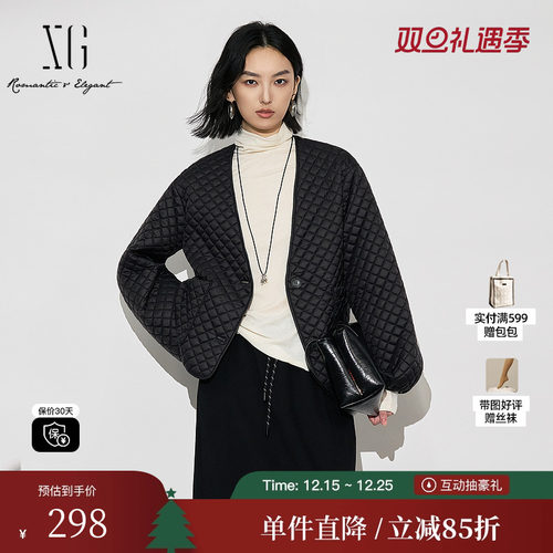 XG雪歌XK405845A890黑色菱格设计棉服时尚冬季新款宽松棉衣外套女
