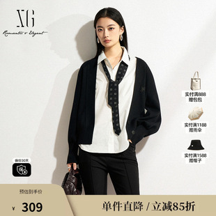 XG/雪歌XK111029A190 黑色无领宽松针织衫通勤休闲长袖开衫毛衣女