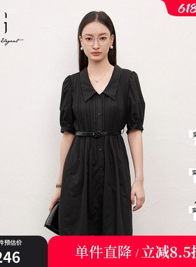 XG/雪歌XJ204029A290黑色翻领连衣裙时尚夏季新款中长款直筒裙女