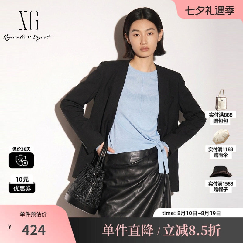 XG/雪歌XK307720A890黑色羊毛混纺V领长袖西装外套直筒通勤简约女