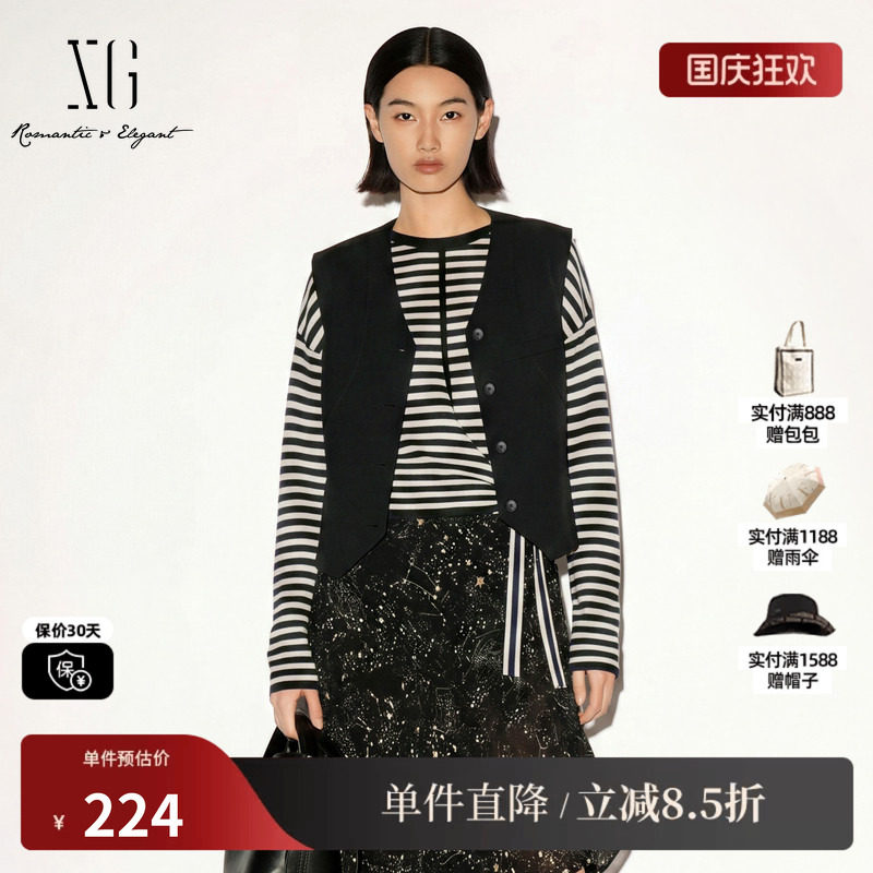 XG/雪歌XK324721A890黑色V领单排扣西装马夹直筒休闲通勤外套女装
