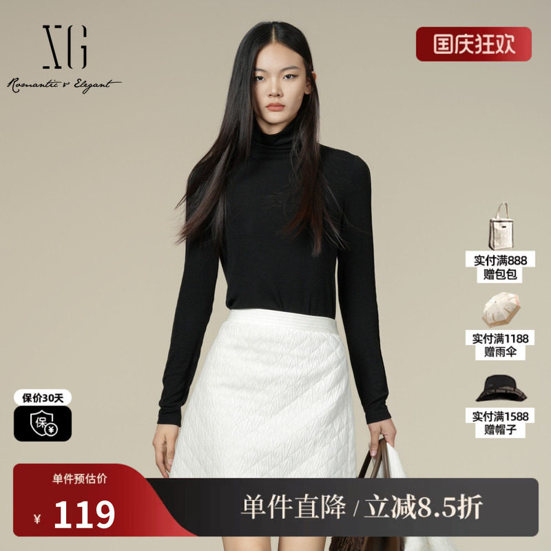 XG/雪歌XK401006A190黑色莱赛尔堆堆领长袖T恤高领打底内搭上衣女