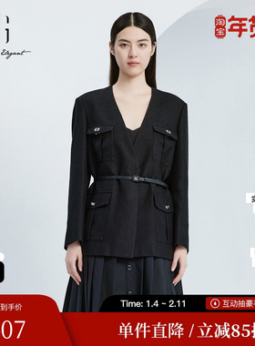 XG/雪歌XJ307018A590翻袋长袖西装时尚秋季新款黑色通勤V领外套女