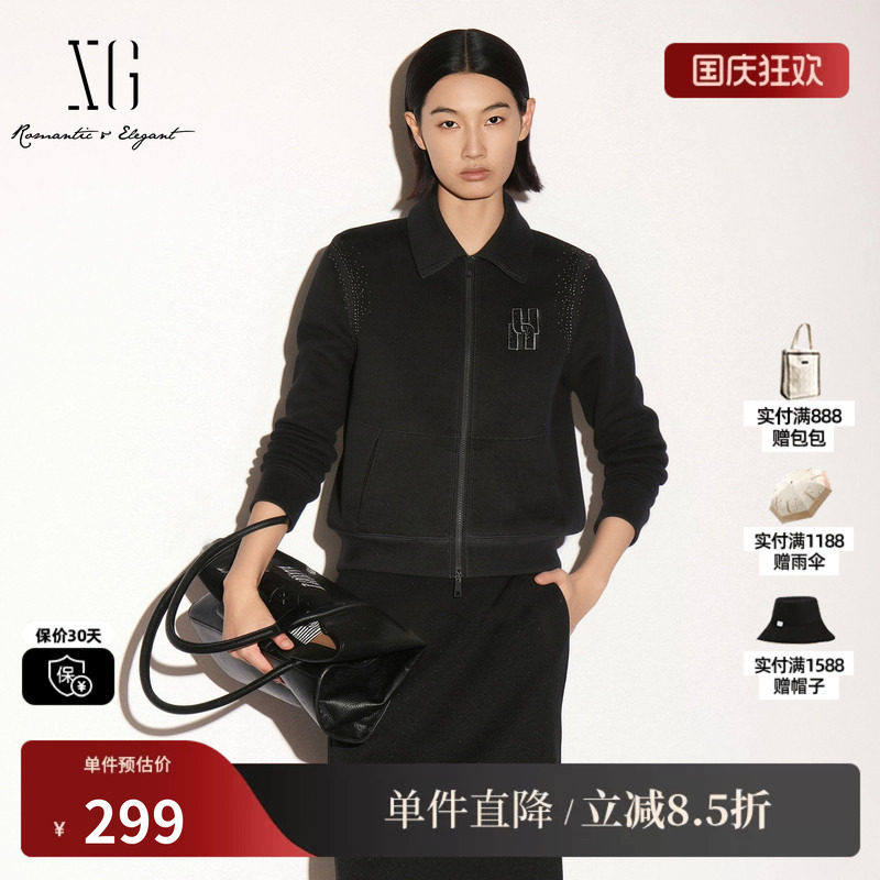 XG/雪歌 XK307725A890黑色翻领长袖卫衣拉链短外套宽松直筒休闲女