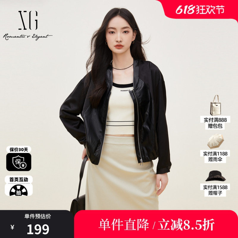 XG/雪歌XK307708A890涂层拼接长袖短外套2024秋季新款黑色外套女