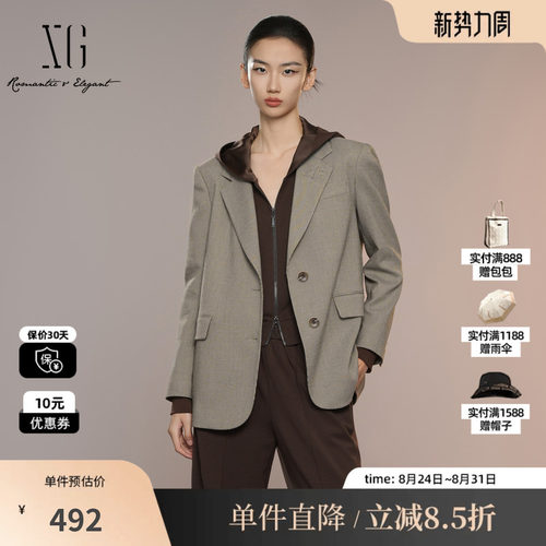 XG雪歌XK307024B595格纹休闲西装2025秋季新款翻领长袖西装外套女