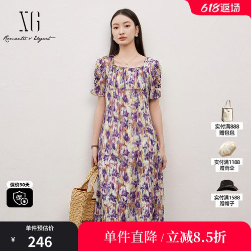 XG/雪歌XJ204060B198短袖印花连衣裙时尚夏季新款绑带碎花A字裙女