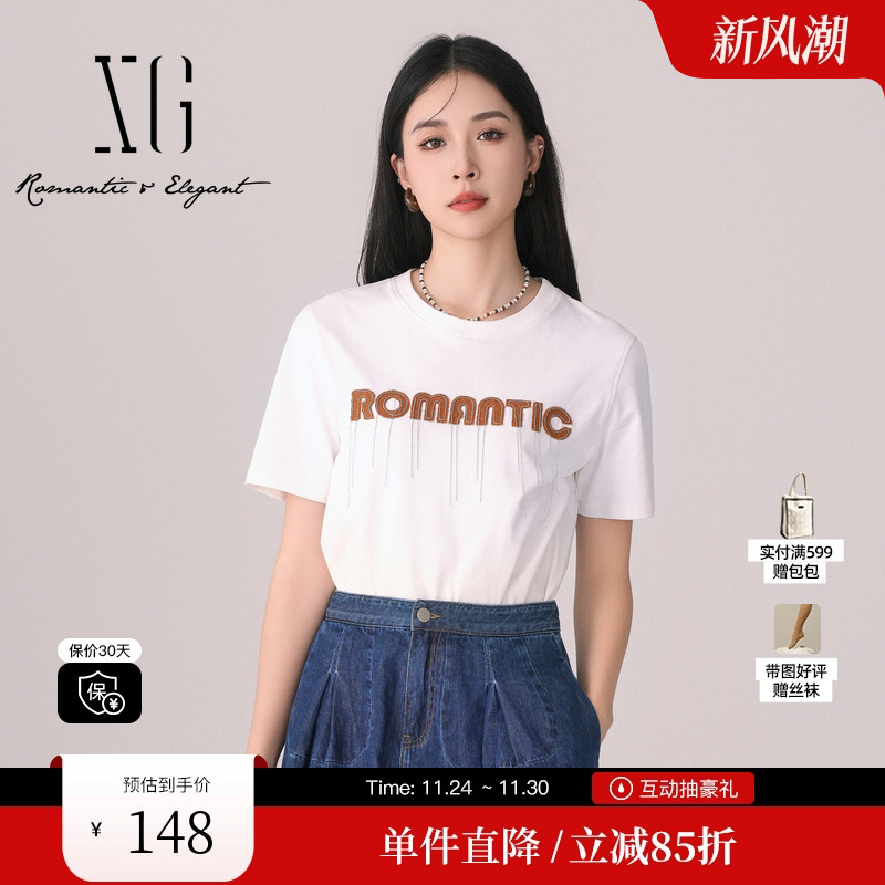XG/雪歌XK101532A851白色印花短袖T恤时尚春季新款纯棉圆领上衣女