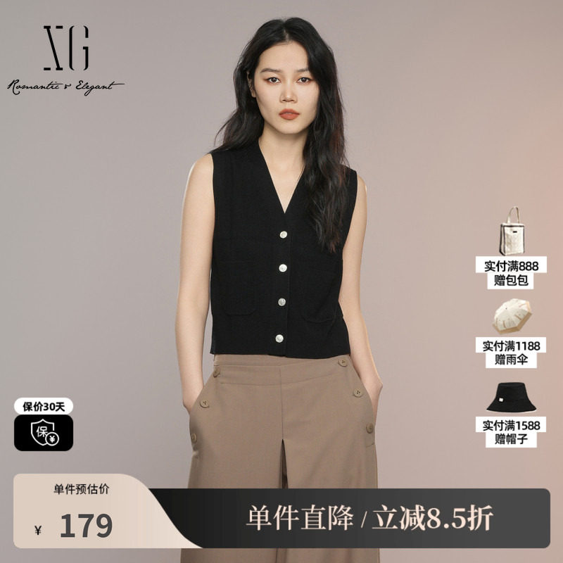 XG/雪歌XK311009A190黑色V领无袖针织马夹背心直筒修身内搭马甲女