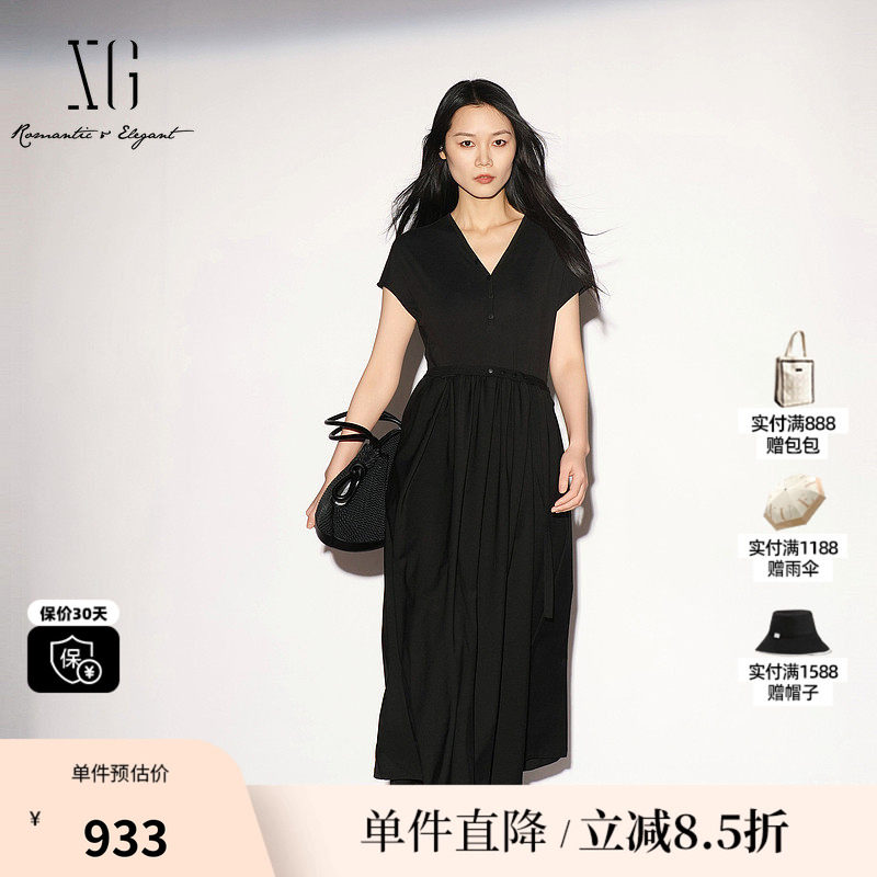 XG/雪歌 XL204020A290黑色V领短袖连衣裙配腰带衬衫领薄A字伞裙女