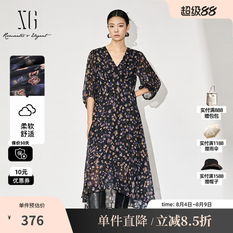 XG/雪歌XL304869A806七分袖连衣裙2025秋季新款高腰印花中长裙女