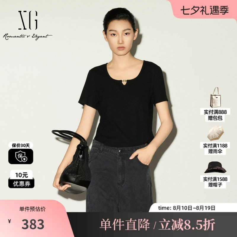 XG/雪歌XL201007A590黑色圆领镂空短袖T恤修身百搭薄款短上衣女装