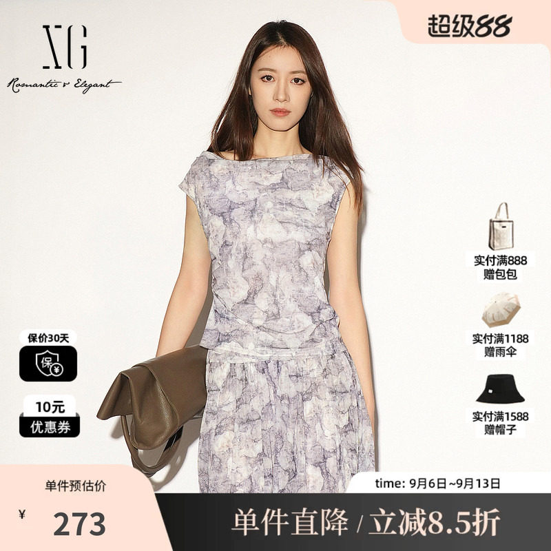 XG/雪歌XL201034BE96花版荡领无袖T恤印花修身不规则薄款上衣女装