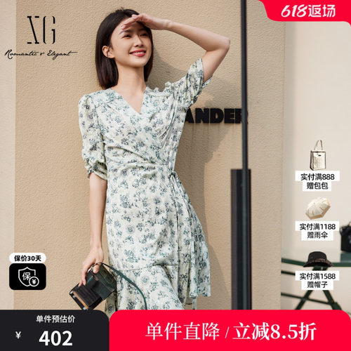 XG/雪歌XK204009B294褶皱碎花短袖连衣裙2025夏季新款系带A字裙女