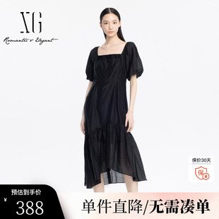 高腰中长裙女装 新款 雪歌XJ204006A390黑色方领连衣裙时尚 夏季