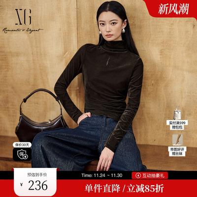 XG/雪歌XK401011A172深咖色长袖T恤2025冬季新款绒光高领上衣女装