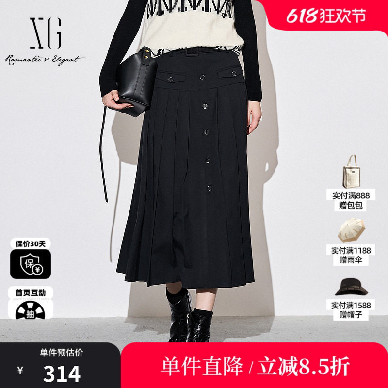 XG/雪歌XJ303007A590高腰黑色半身裙时尚秋季新款中长百褶A字裙女