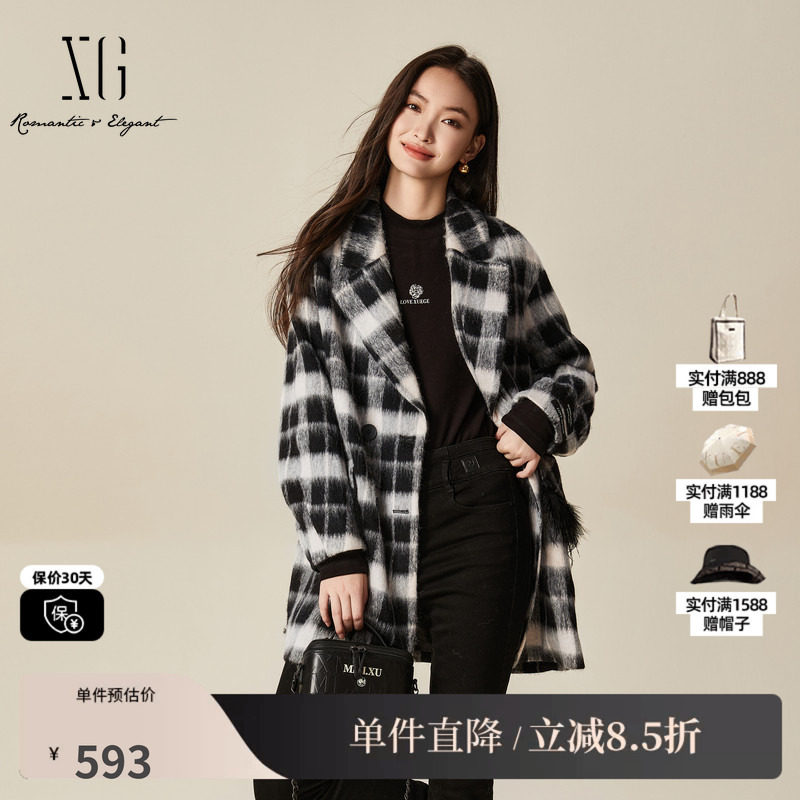 XG/雪歌XJ410036B495 黑白格纹毛呢外套中长款通勤羊毛混纺大衣女