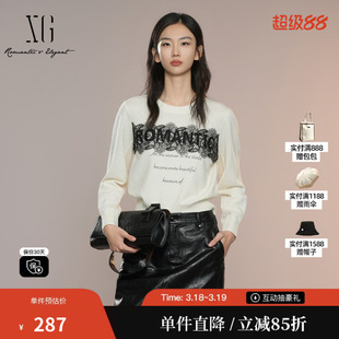 XG/雪歌XK311025A691 蕾丝拼接长袖针织衫字母印花羊毛混纺毛衫女