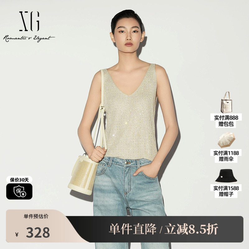 XG/雪歌XL211001A160米色V领无袖背心薄款亮丝修身搭配吊带内搭女