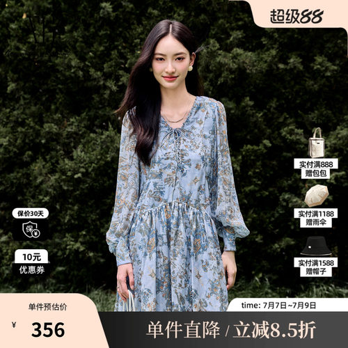 XG/雪歌XJ304008B197碎花长袖连衣裙 时尚秋季新款绑绳醋纤短裙女