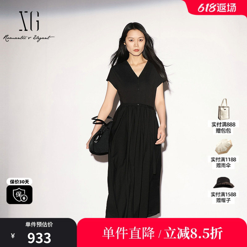 XG/雪歌 XL204020A290黑色V领短袖连衣裙配腰带衬衫领薄A字伞裙女