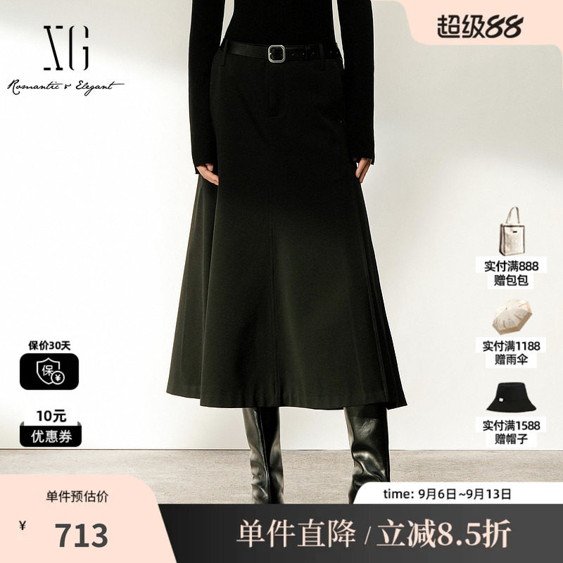 XG/雪歌XL403009A290黑色A字西装半身裙挺括腰带中长裙休闲通勤女