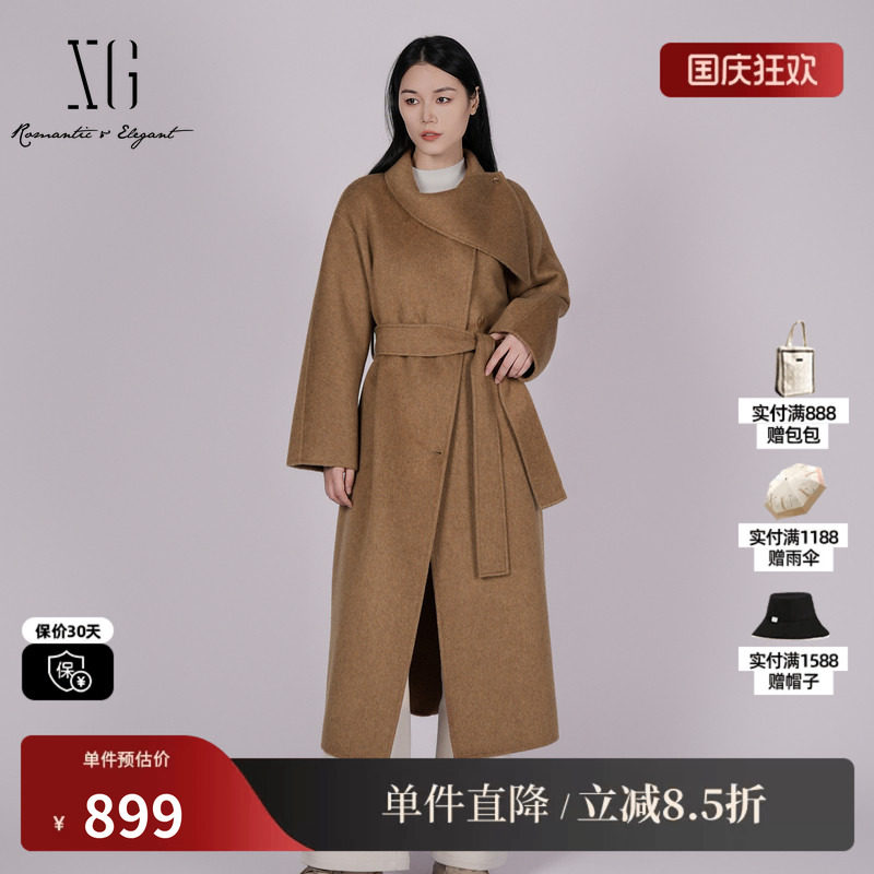 XG/雪歌XK410048AE09 咖啡骆驼绒毛呢外套厚款羊毛混纺长袖大衣女