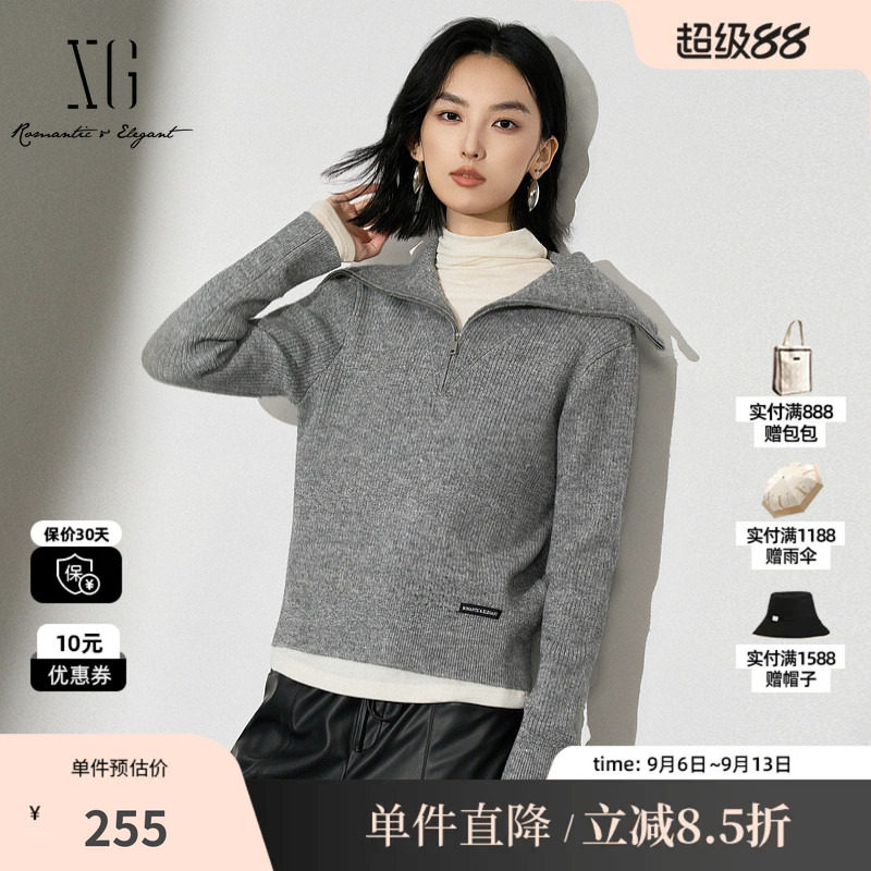 XG/雪歌XL411634A884灰色翻领长袖毛衣2025冬季新款厚款针织衫女