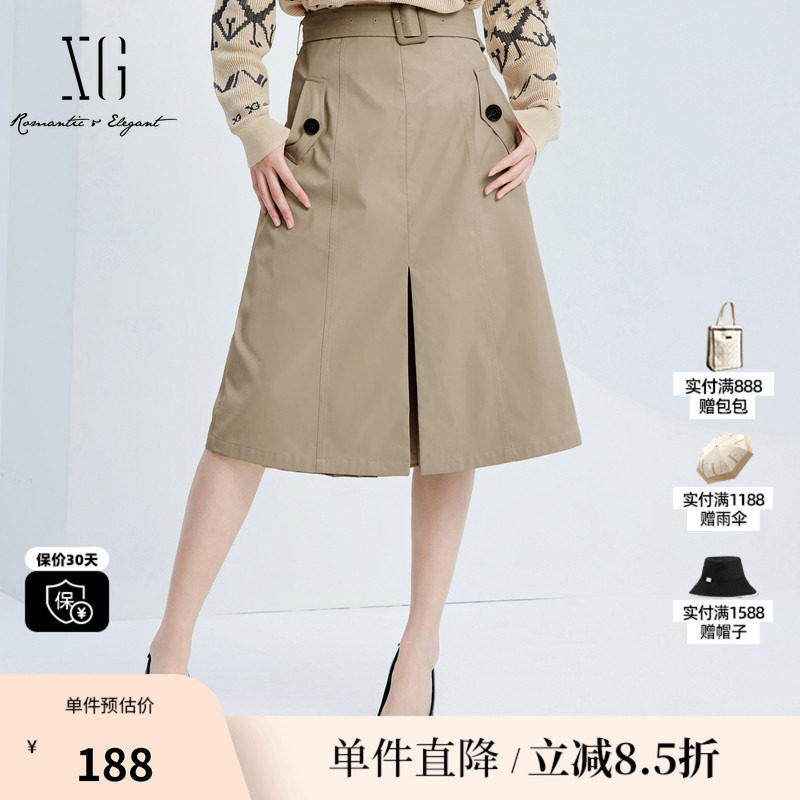 XG/雪歌XJ303008A309百褶开叉半身裙时尚秋季新款卡其色A字裙女装