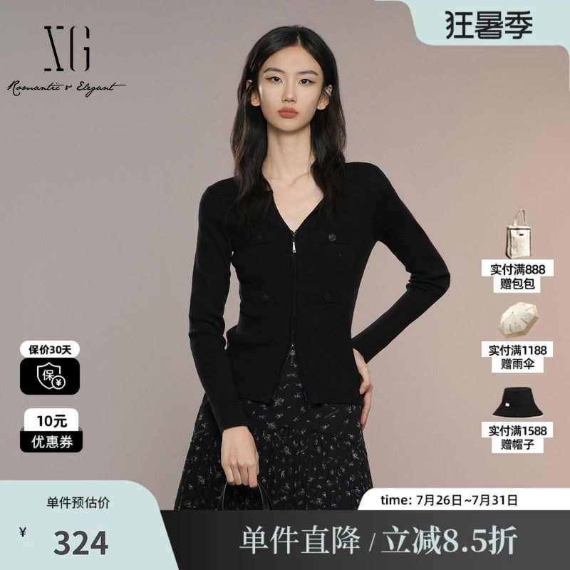 XG/雪歌XK311006A490黑色修身毛针织衫2025秋季新款莱赛尔开衫女