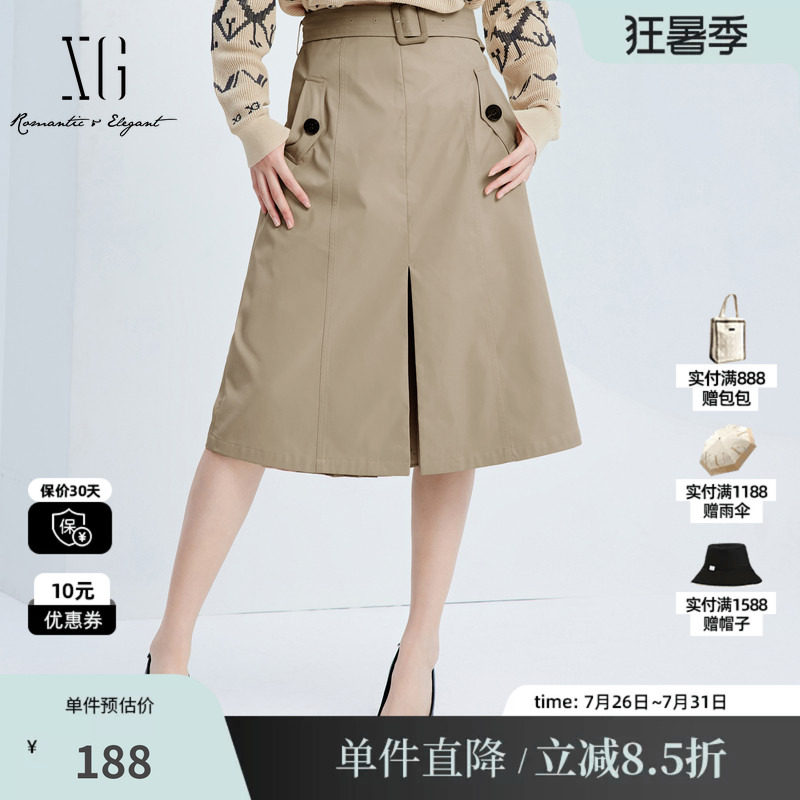 XG/雪歌XJ303008A309百褶开叉半身裙时尚秋季新款卡其色A字裙女装