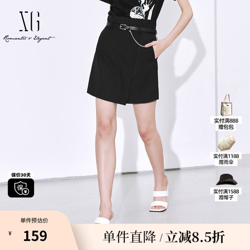 XG/雪歌XL202013A290黑色口袋腰A字短裤配腰带不规则阔腿裙裤女装