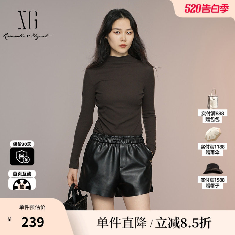 XG/雪歌XK301004A672深咖色长袖T恤2025秋季新款修身半高领棉感女